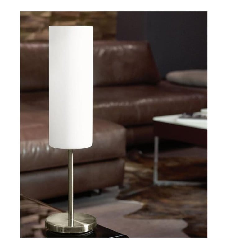 Prosta lampa stołowa Troy3 podstawa nikiel satynowany klosz biały szklana tuba