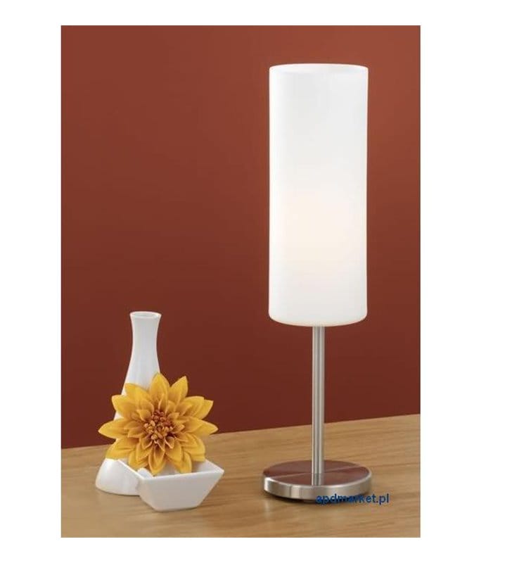 Prosta lampa stołowa Troy3 podstawa nikiel satynowany klosz biały szklana tuba