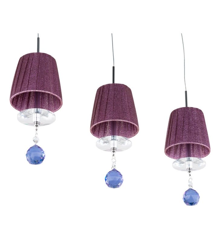 Lampa wisząca Fresh potrójna abażury fioletowe brokatowe ozdobione kryształkiem