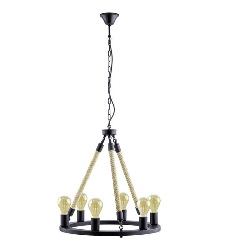 Lampa wisząca żyrandol Findlay czarna metalowa obręcz z żarówkami liny styl vintage do kuchni jadalni nad stół do salonu