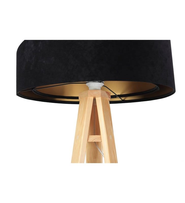 Lampa podłogowa Emi czarno złoty welurowy abażur drewniany trójnóg do sypialni jadalni salonu