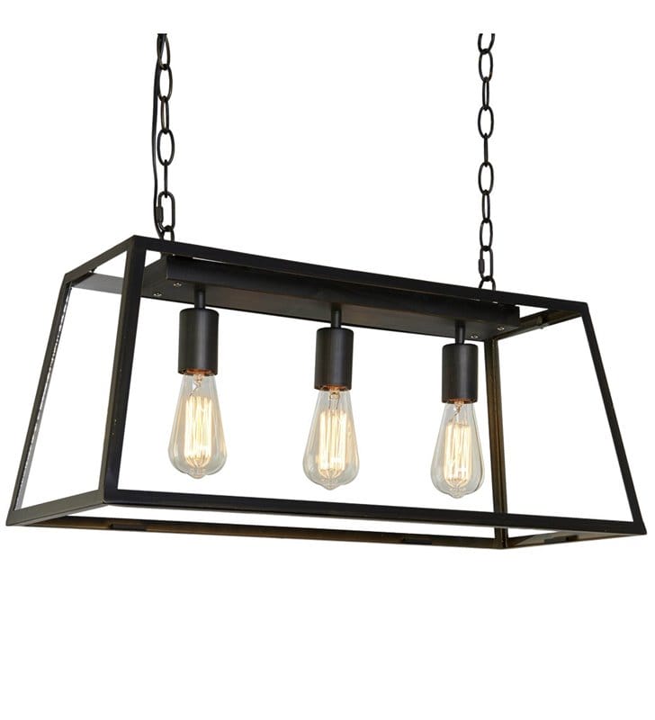 Lampa wisząca Laverno 3 żarówki czarna bezbarwne szkło łańcuch klosz trapez nad stół do kuchni jadalni salonu sypialni
