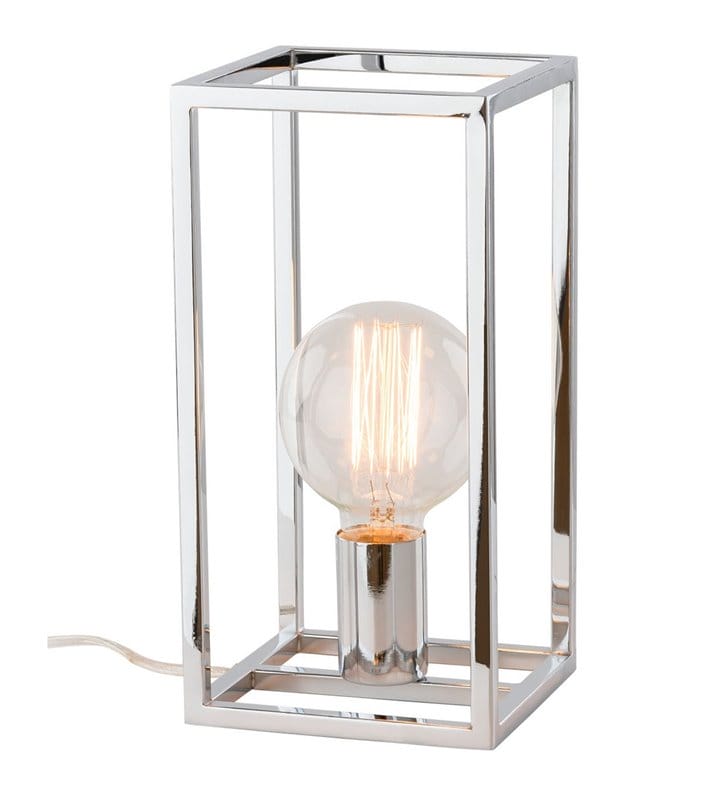 Nieduża nowoczesna minimalistyczna lampka stołowa Sigalo z widoczną żarówką chrom włącznik na kablu