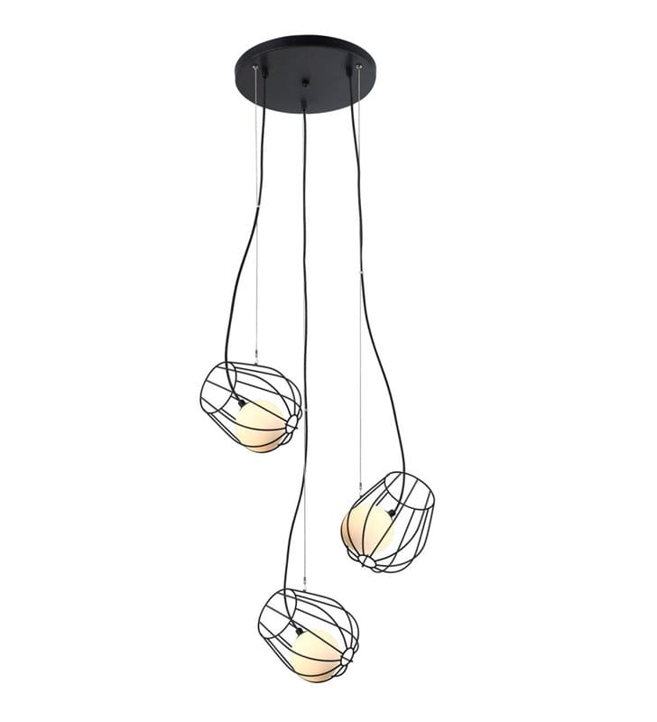 Melisa lampa 3 zwisowa w kolorze czarnym z białymi szklanymi kloszami okrągła podsufitka