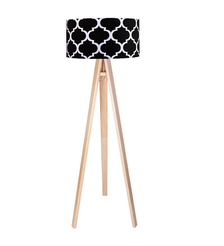 Lampa podłogowa Trebol czarny abażur ze wzorem koniczyna marokańska biała lub sosnowa drewniana podstawa