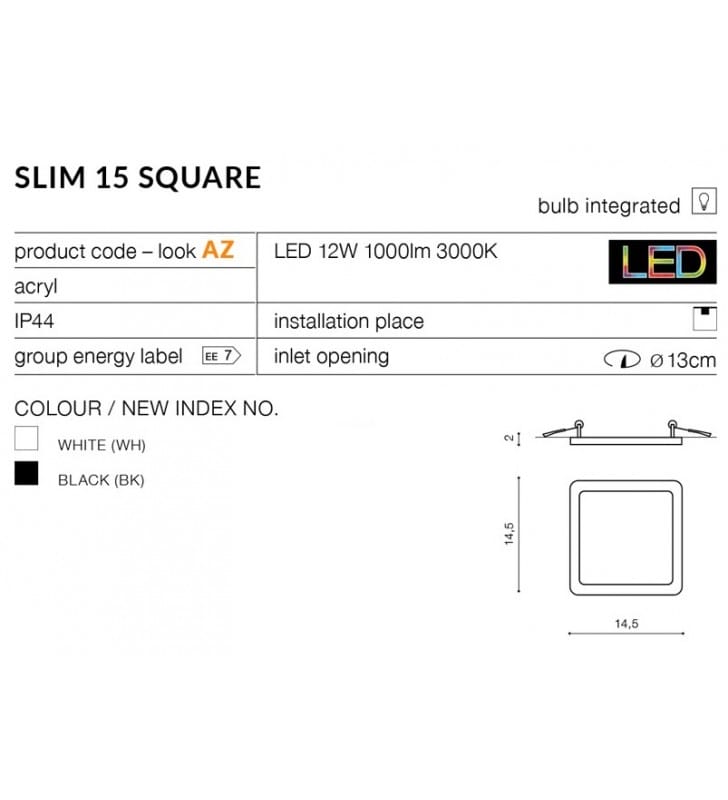 Kwadratowa czarna oprawa punktowa do wbudowania IP44 Slim 14,5cm 3000K