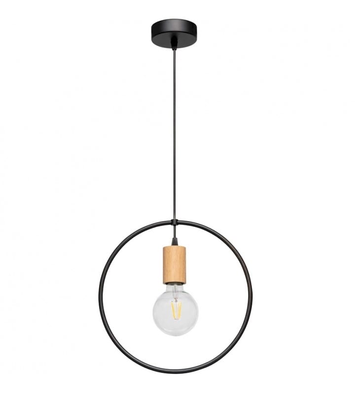 Minimalistyczna lampa wisząca Carsten Wood czarna obręcz metal drewno