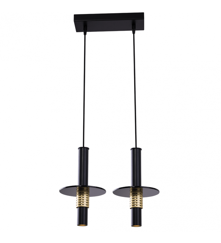 2 punktowa nowoczesna czarno złota lampa wisząca Alvito klosze ze złotym dekorem i szklanym dyskiem