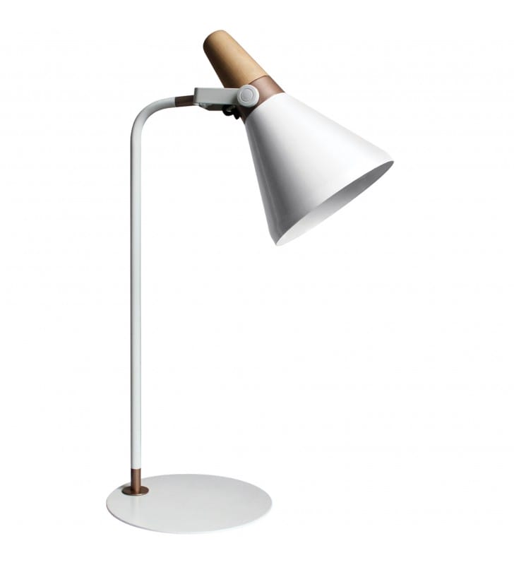 Lampa biurkowa Fubbla biała z elementem drewnianym włącznik na kablu