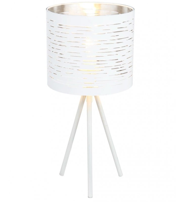 Biało srebrna nowoczesna lampa stołowa na 3 metalowych nogach Barca