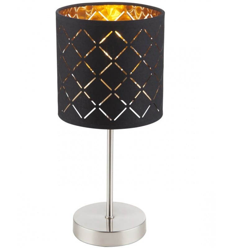 Nieduża lampa stołowa z abażurem Clarke abażur czarno złoty podstawa nikiel mat