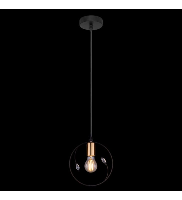 Lampa wisząca Vigo czarna obręcz z akrylowymi kryształami oprawka mosiądz antyczny