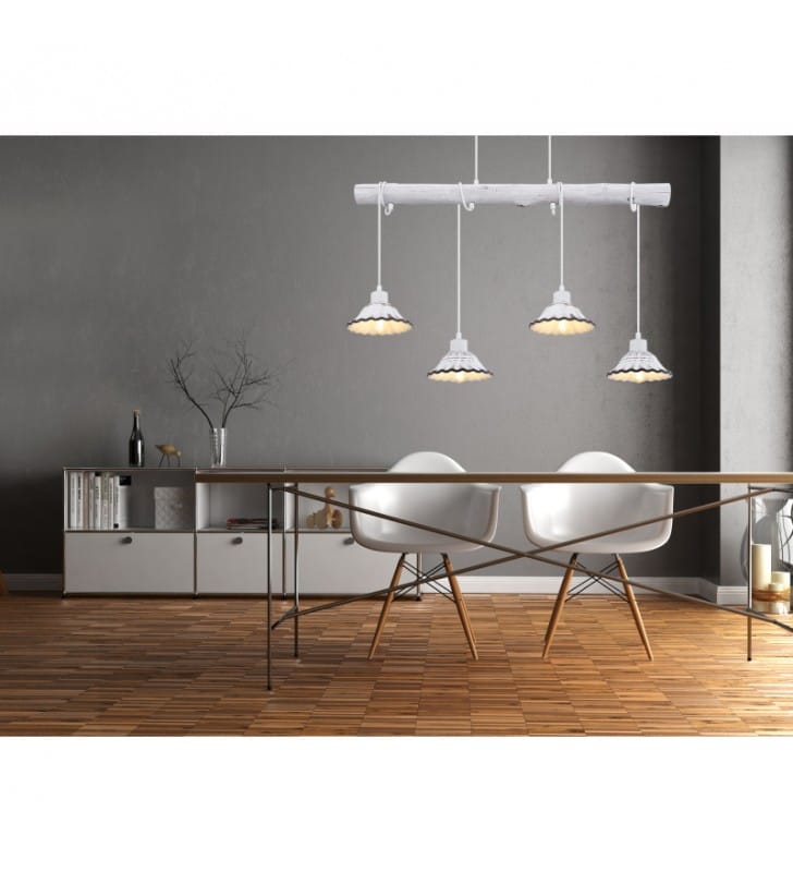 Lampa wisząca Jowita biała drewniana belka z 4 ceramicznymi kloszami do kuchni jadalni nad stół metal ceramika drewno