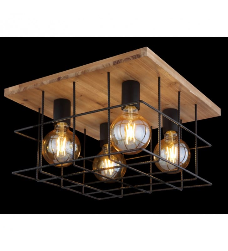 Drewniana lampa sufitowa Merril 4 x E27 klosz czarna metalowa siatka do salonu na przedpokój do pokoju młodzieżowego do kuchni