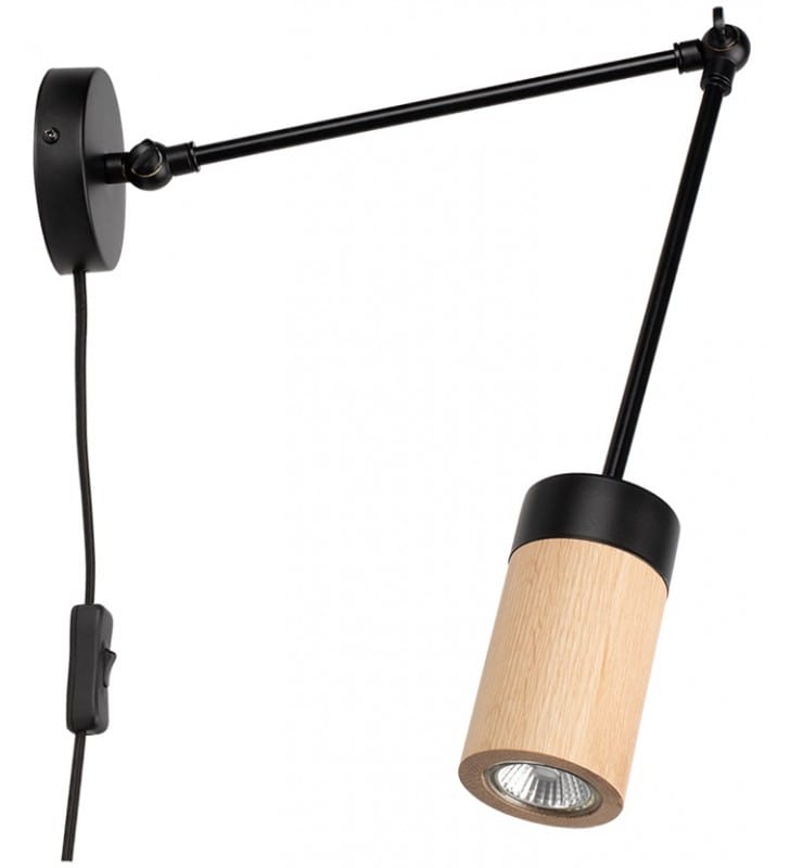 Nowoczesna lampa ścienna z regulowanym ramieniem Annick włącznik na przewodzie drewno czarny metal do salonu sypialni