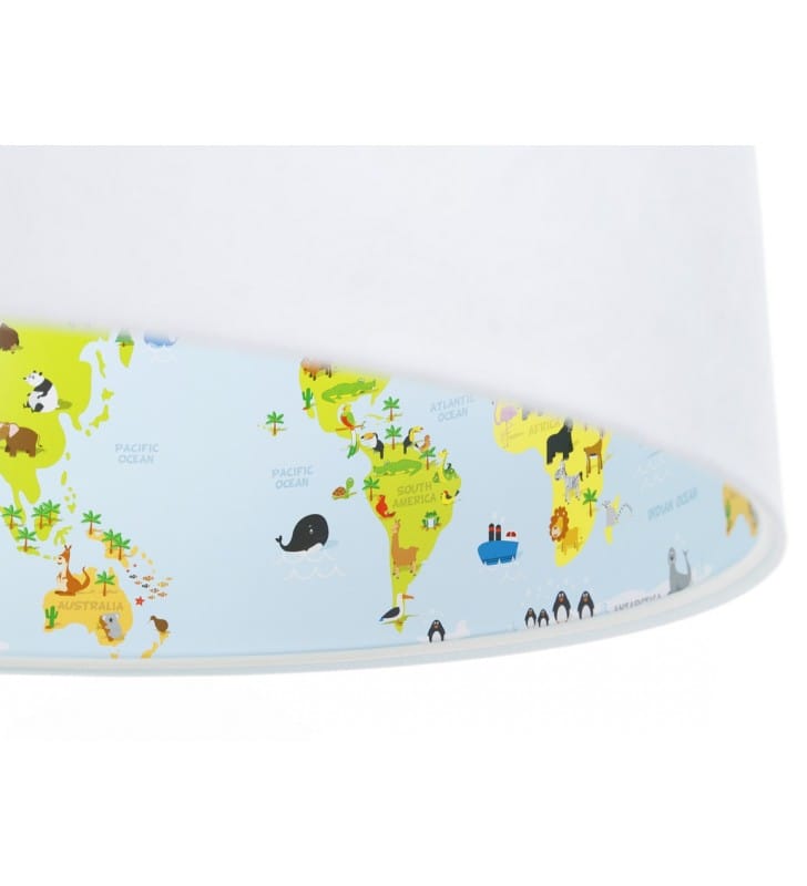Biała lampa wisząca Mapa Świata abażur biały welur wnętrze kolorowe mapa ze zwierzętami