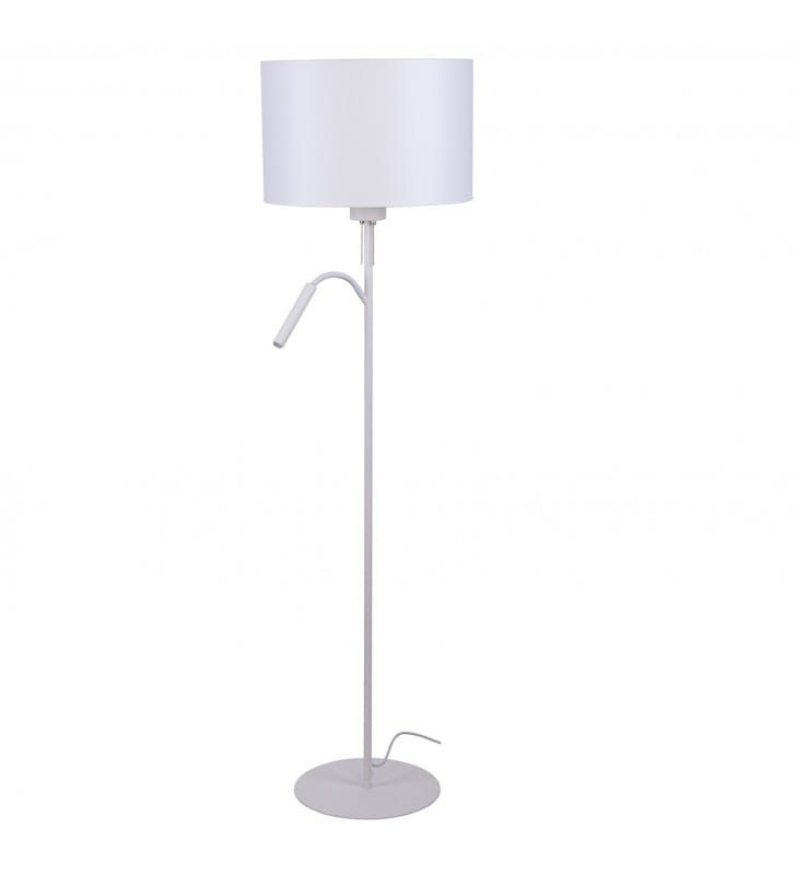Biała stojąca lampa podłogowa Hotel Plus z ramieniem do czytania 2 włączniki przy kloszu do sypialni salonu